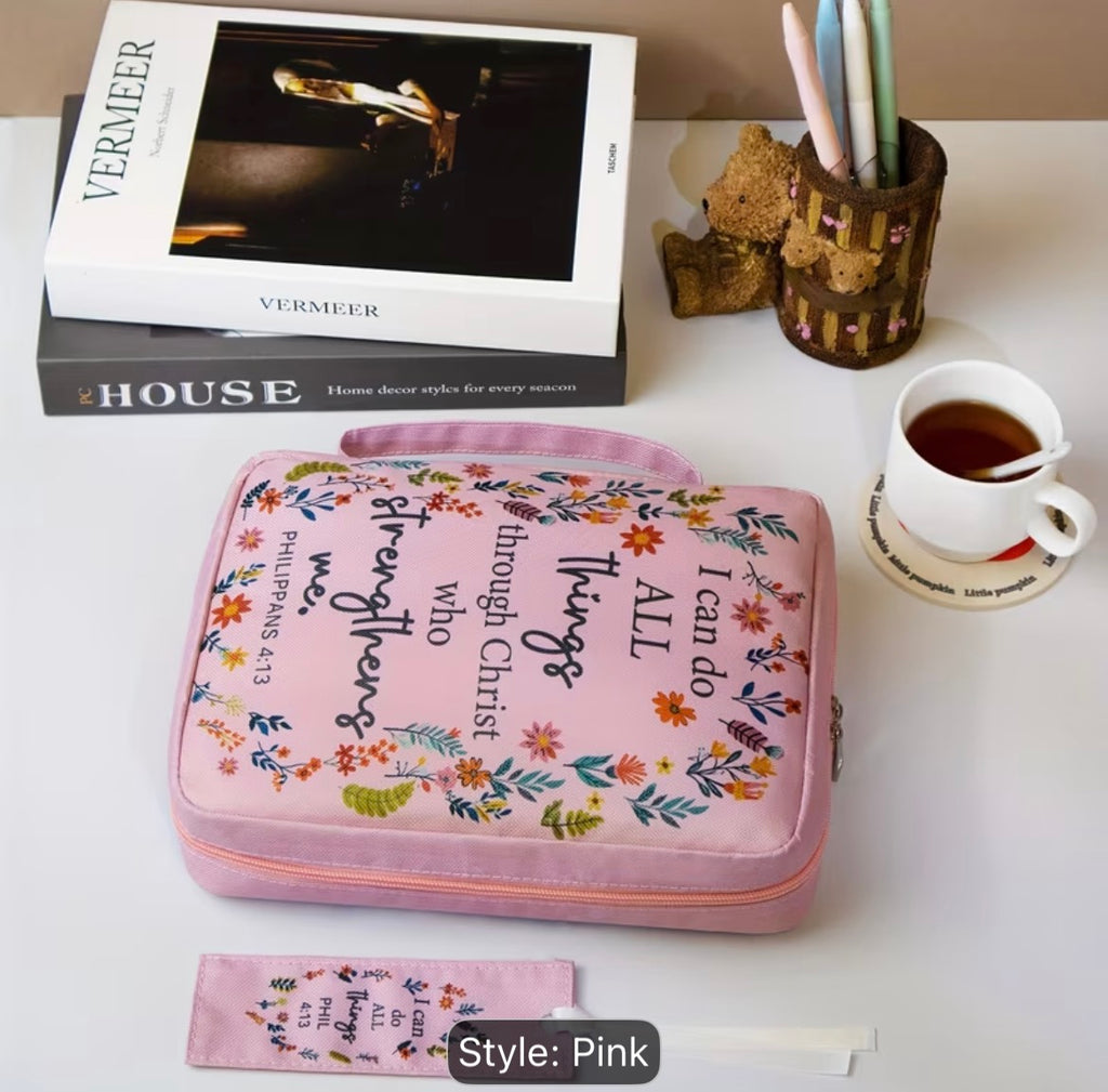 Women’s Floral Bible Organizer Cover – Pink Christian Bible Case with Handle, Zipper & Pen Holder