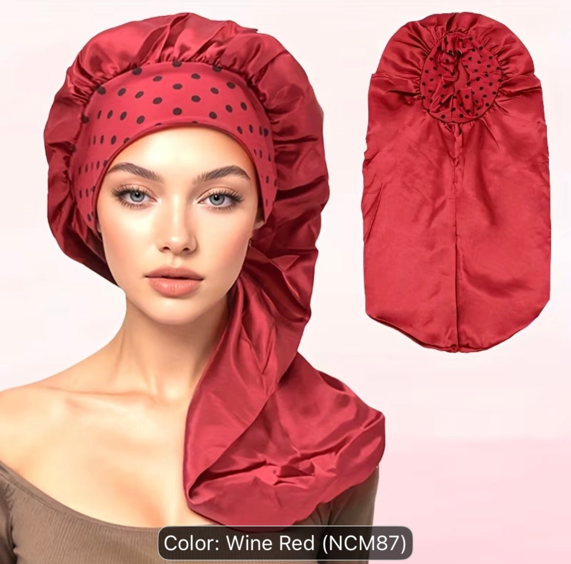 Long Satin Sleep Bonnet for Curly Hair, Braids & Dreadlocks – Polka Dot Print