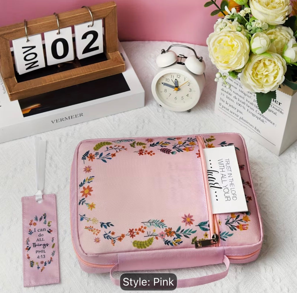 Women’s Floral Bible Organizer Cover – Pink Christian Bible Case with Handle, Zipper & Pen Holder