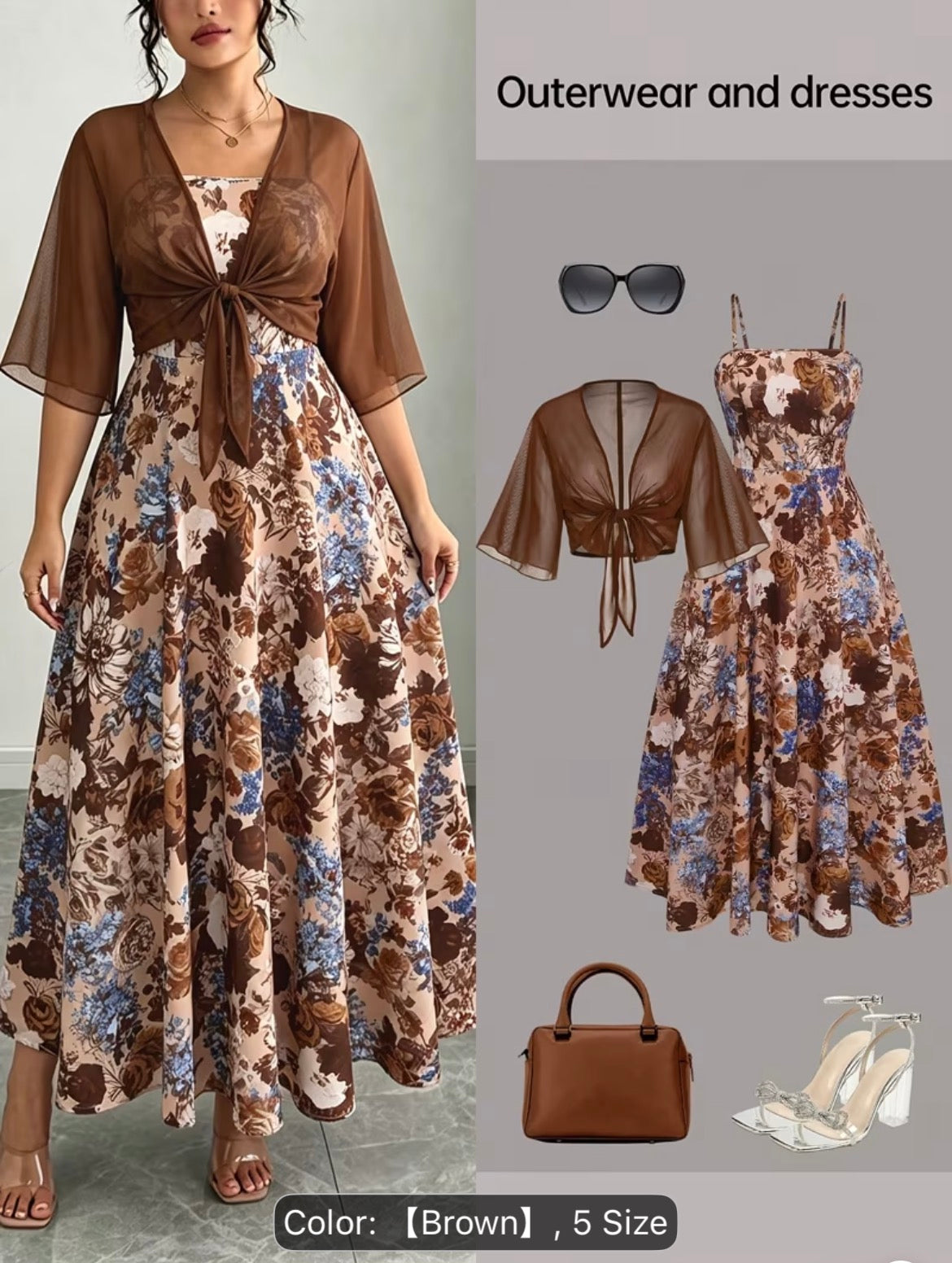 Plus Size Floral Dress & Chiffon Cardigan Set – Elegant 2-Piece Women’s Outfit