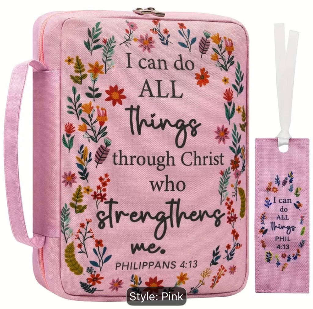 Women’s Floral Bible Organizer Cover – Pink Christian Bible Case with Handle, Zipper & Pen Holder