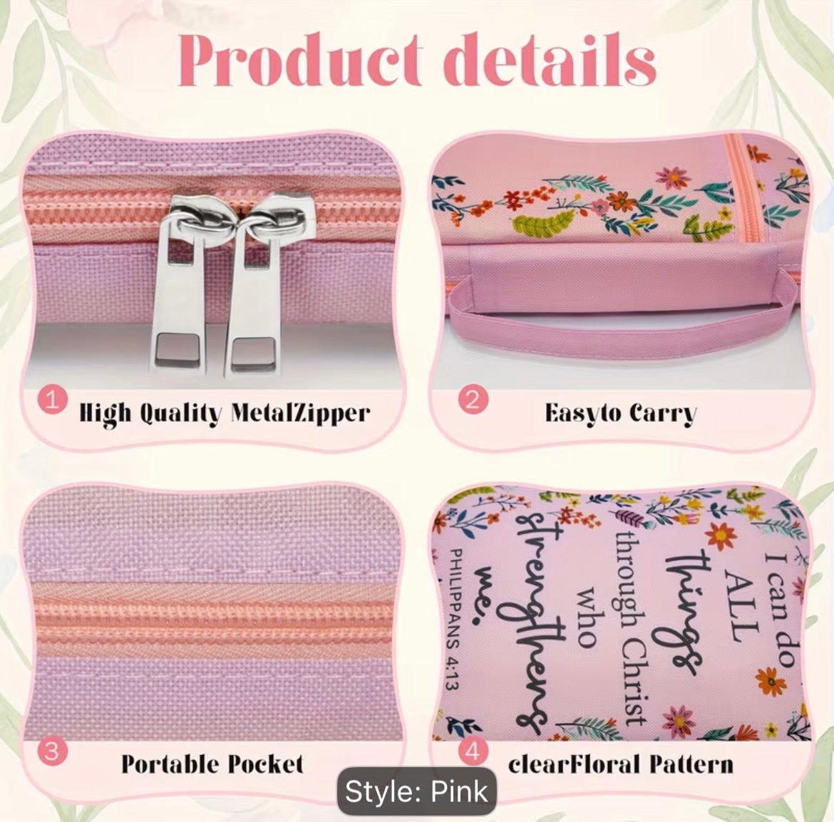 Women’s Floral Bible Organizer Cover – Pink Christian Bible Case with Handle, Zipper & Pen Holder