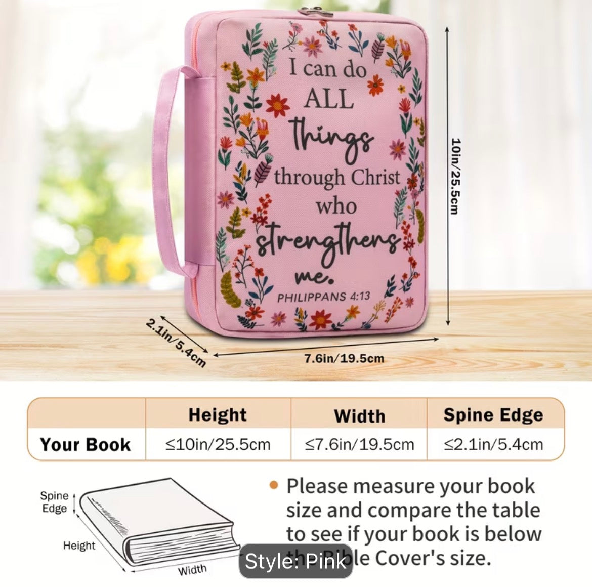 Women’s Floral Bible Organizer Cover – Pink Christian Bible Case with Handle, Zipper & Pen Holder