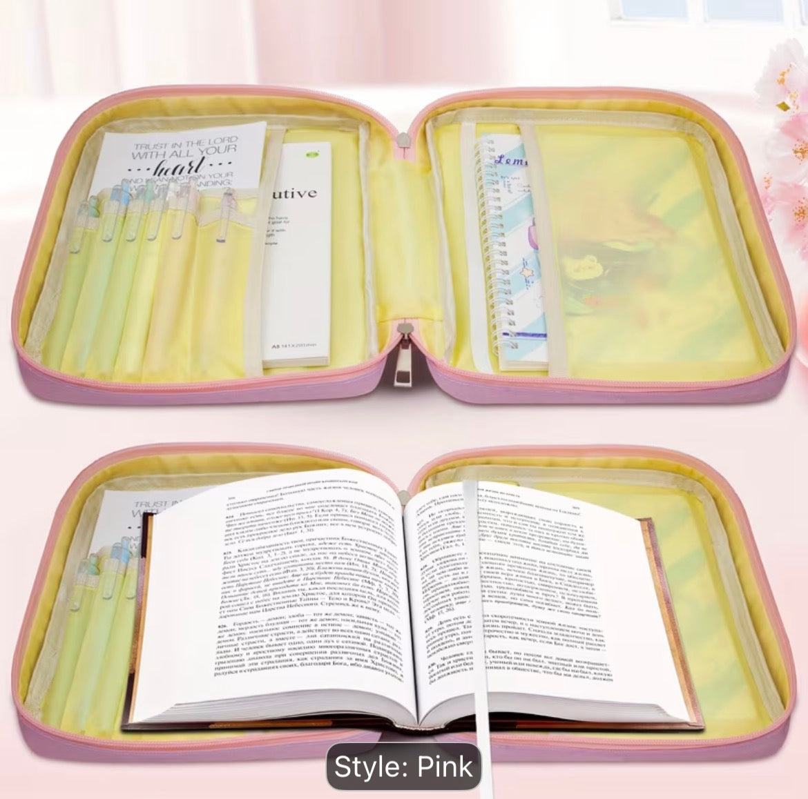Women’s Floral Bible Organizer Cover – Pink Christian Bible Case with Handle, Zipper & Pen Holder