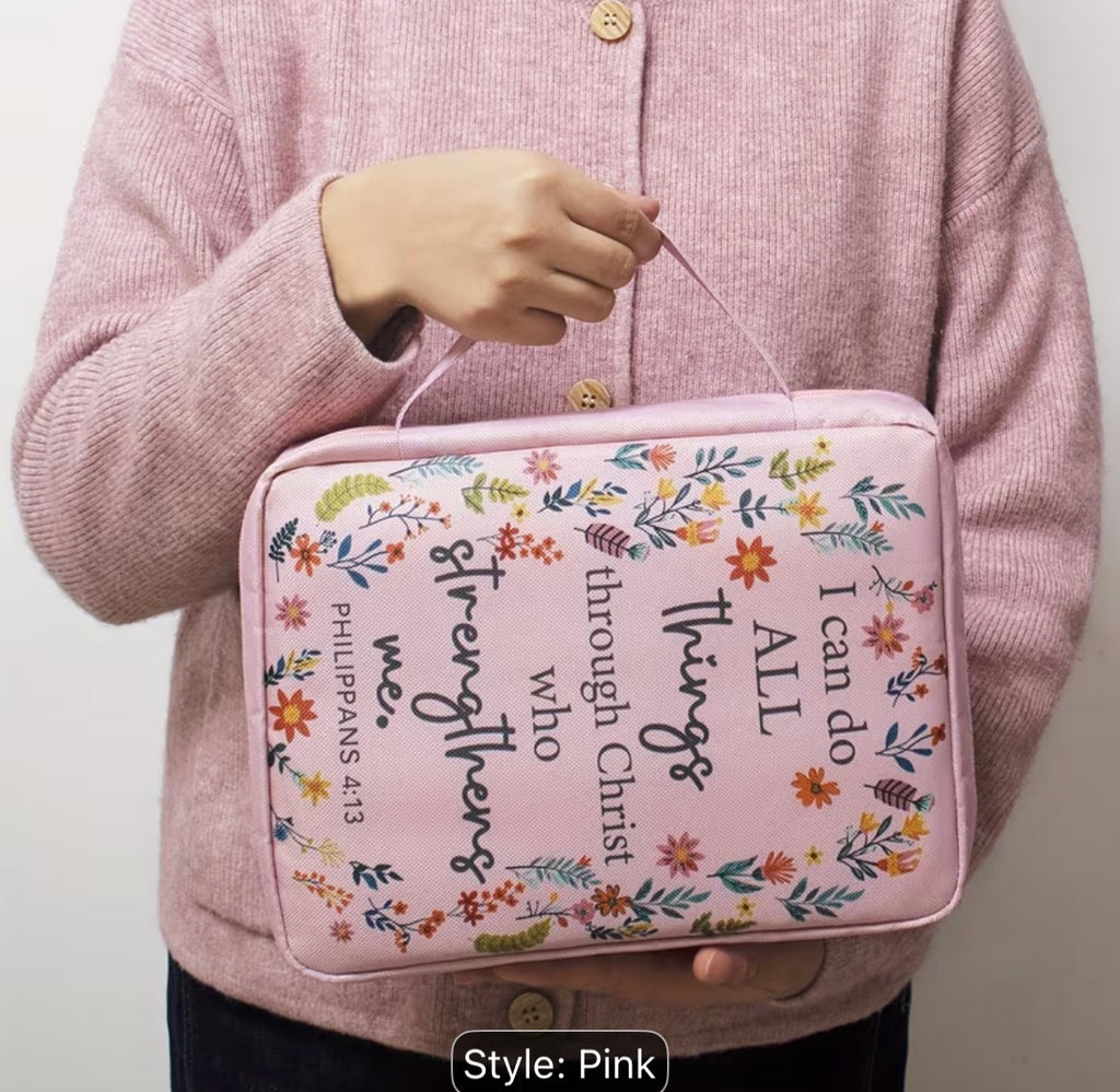 Women’s Floral Bible Organizer Cover – Pink Christian Bible Case with Handle, Zipper & Pen Holder