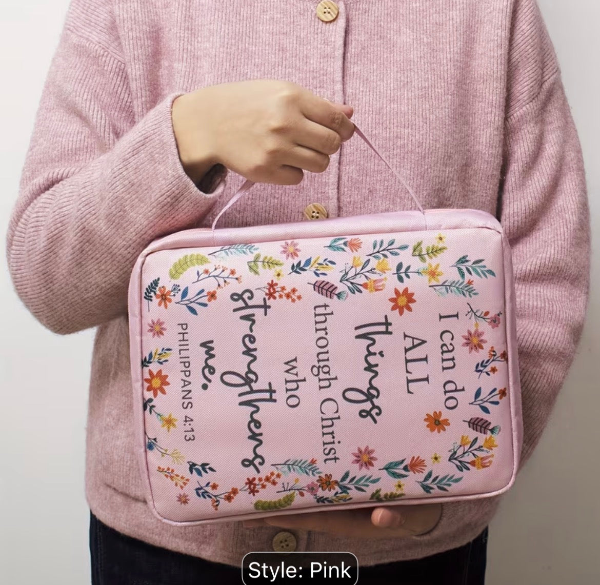 Women’s Floral Bible Organizer Cover – Pink Christian Bible Case with Handle, Zipper & Pen Holder