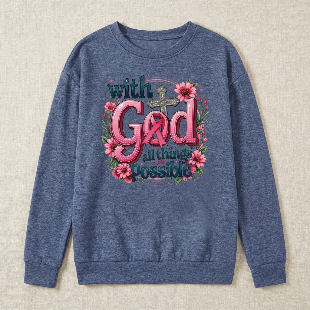 Women’s “With God” Floral Cross Long Sleeve Top – Elegant Faith-Inspired Style