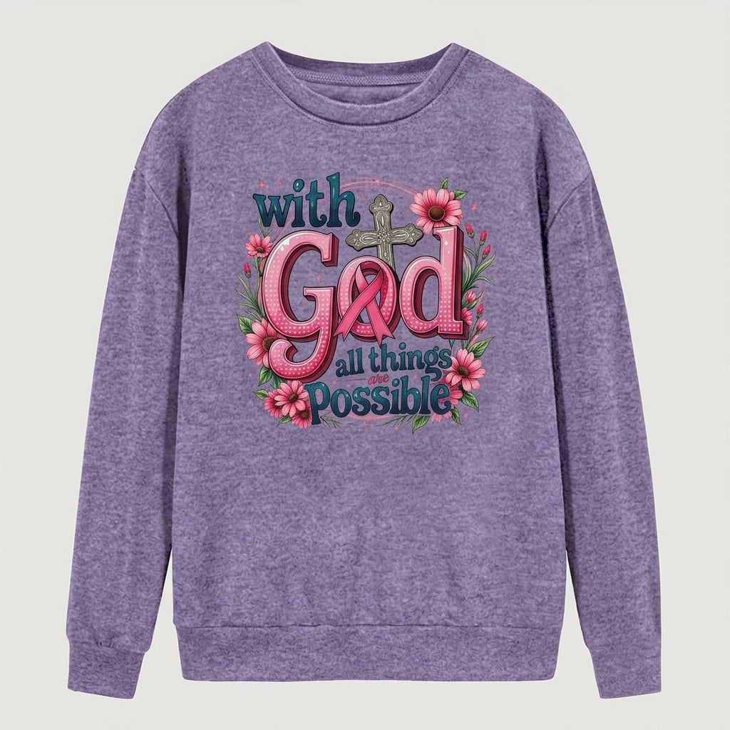 Women’s “With God” Floral Cross Long Sleeve Top – Elegant Faith-Inspired Style